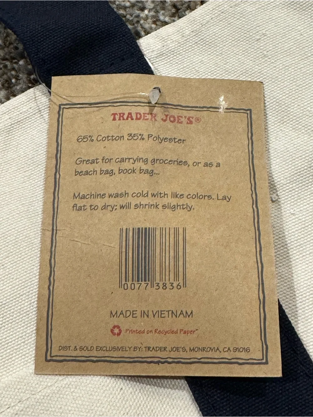 Trader Joe’s: Canvas Large Tote Bag in Navy and Cream NEW WITH TAGS (21”x11”)